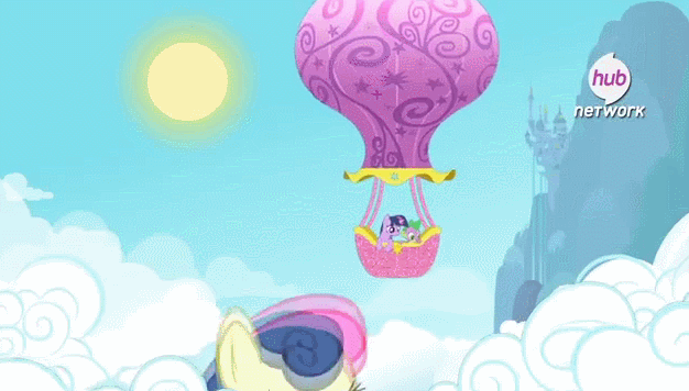 Size: 626x356 | Tagged: safe, official, screencap, character:bon bon, character:spike, character:sweetie drops, character:twilight sparkle, species:pony, animated, april fools, big bon, giant pony, giantess, hot air balloon, hub logo, hub network, macro, my biggest pony, the hub, twinkling balloon, youtube link