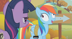 Size: 636x352 | Tagged: safe, screencap, character:rainbow dash, character:twilight sparkle, episode:fall weather friends, g4, my little pony: friendship is magic, derp, meme, rainbow derp, running of the leaves, youtube caption