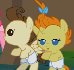 Size: 671x635 | Tagged: safe, screencap, character:pound cake, character:pumpkin cake, species:pony, episode:baby cakes, g4, my little pony: friendship is magic, :o, babies, baby, baby ponies, baby pony, bipedal, cake twins, colt, cute, diaper, diaper change needed, diapered, diapered colt, diapered filly, diapered foals, female, filly, hiding, male, one month old colt, one month old filly, one month old foals, open mouth, poundabetes, pumpkinbetes, siblings, smelly, twins, visible stench, white diapers