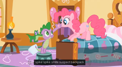 Size: 626x346 | Tagged: safe, screencap, character:gummy, character:pinkie pie, character:spike, episode:just for sidekicks, g4, my little pony: friendship is magic, meme, youtube caption