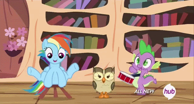 Size: 640x344 | Tagged: safe, screencap, character:owlowiscious, character:rainbow dash, character:spike, species:dragon, species:owl, species:pegasus, species:pony, episode:testing testing 1-2-3, g4, my little pony: friendship is magic, animated, baby, baby dragon, book, bookshelf, bouncing, cute, cutie mark, dashabetes, drums, event horizon of cuteness, female, flower, golden oaks library, hub logo, jumping, loop, male, marching, mare, musical instrument, silly, spikabetes, stool, stooldash, the hub, watermark