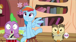 Size: 1920x1080 | Tagged: safe, screencap, character:owlowiscious, character:rainbow dash, character:spike, species:dragon, species:owl, species:pegasus, species:pony, episode:testing testing 1-2-3, g4, my little pony: friendship is magic, cute, dashabetes, drums, faec, fangs, female, grin, hub logo, looking at you, male, mare, match grip, open mouth, shrunken pupils, smiling, snare drum, spread wings, stool, stooldash, wide eyes, wings