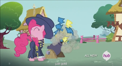 Size: 1251x681 | Tagged: safe, screencap, character:pinkie pie, episode:testing testing 1-2-3, g4, my little pony: friendship is magic, ancient wonderbolts uniform, cannon, general firefly, hub logo, meme, solo, youtube caption
