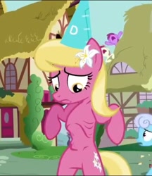 Size: 469x542 | Tagged: safe, screencap, character:berry punch, character:berryshine, character:lily, character:lily valley, character:linky, character:roseluck, character:shoeshine, episode:hearts and hooves day, g4, my little pony: friendship is magic, anorexic, bad future, belly, bipedal, chaos, clothing, dunce hat, hat, hungry, ribs, season 2, skinny, starvation, starving, stomach growl