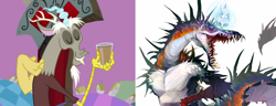 Size: 1780x681 | Tagged: safe, screencap, character:discord, species:draconequus, chaos, chocolate, chocolate milk, comparison, cropped, discord's throne, discorded landscape, drinking glass, headcanon, keketar, milk, pathfinder, protean, purple sky, theory