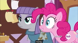 Size: 1280x716 | Tagged: safe, screencap, character:maud pie, character:pinkie pie, episode:maud pie, g4, my little pony: friendship is magic, all new, carousel boutique, dish towel, greed, grin, hub logo, lip bite, meme, money, smiling, sticky note, wide eyes, youtube caption
