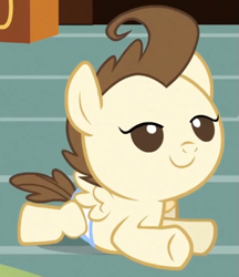 Size: 699x810 | Tagged: safe, screencap, character:pound cake, species:pony, episode:baby cakes, g4, my little pony: friendship is magic, baby, baby pony, colt, cute, diaper, diapered, diapered colt, happy, happy baby, lidded eyes, male, one month old colt, prone, smiling, solo, white diaper