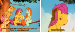 Size: 1032x436 | Tagged: safe, screencap, character:ace (g1), character:bon bon (g1), character:bright eyes, character:patch (g1), episode:birds of a feather, g1, my little pony tales, subtitles