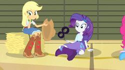 Size: 1440x810 | Tagged: safe, screencap, character:applejack, character:pinkie pie, character:rarity, episode:shake your tail, equestria girls:equestria girls, equestria girls:rainbow rocks, g4, my little pony:equestria girls, boots, bracelet, clothing, cowboy boots, cowboy hat, hat, hay bale, high heel boots, jewelry, mask, skirt