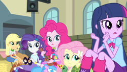 Size: 1440x810 | Tagged: safe, screencap, character:applejack, character:fluttershy, character:pinkie pie, character:rarity, character:twilight sparkle, equestria girls:rainbow rocks, g4, my little pony:equestria girls, balloon, boots, bracelet, clothing, flower, hat, hay, high heel boots, jewelry, mask, party hat, turtle, ukulele
