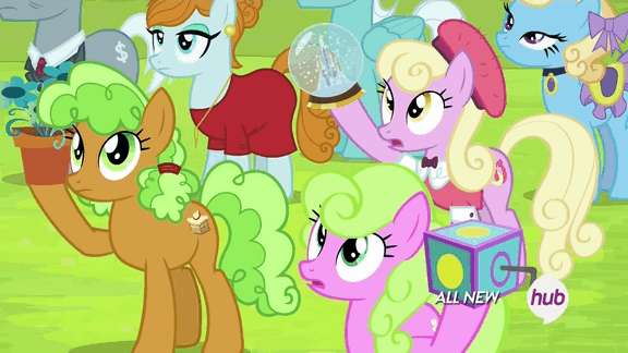 Size: 576x324 | Tagged: safe, screencap, character:apple brown betty, character:daisy, character:luckette, episode:trade ya, g4, my little pony: friendship is magic, animated, apple family member, flower pot, hub logo, hubble, jack-in-the-box, snow globe, the hub