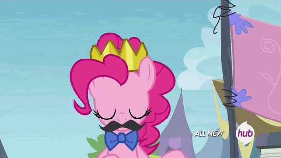Size: 576x324 | Tagged: safe, screencap, character:daisy, character:luckette, character:pinkie pie, character:rainbowshine, episode:trade ya, g4, my little pony: friendship is magic, animated, bow tie, crown, doubled, fake moustache, hub logo, hubble, the hub, tiara