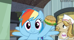 Size: 1289x707 | Tagged: safe, screencap, character:jeff letrotski, character:rainbow dash, episode:trade ya, g4, my little pony: friendship is magic, burger, caption, food, hamburger, hub logo, oat burger