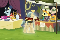 Size: 530x360 | Tagged: safe, screencap, character:daring do, character:ivory, character:ivory rook, character:teddie safari, species:crystal pony, species:pony, episode:trade ya, g4, my little pony: friendship is magic, book, booth, clothing, daring do collector, full set, hat, pith helmet, rar, vase, winrar