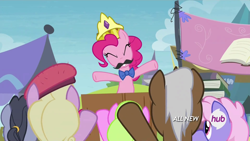 Size: 1920x1080 | Tagged: safe, screencap, character:daisy, character:luckette, character:mochaccino, character:pinkie pie, character:rainbowshine, character:rare find, episode:trade ya, g4, my little pony: friendship is magic, bow tie, fake moustache, hub logo