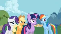 Size: 1344x756 | Tagged: safe, screencap, character:applejack, character:rainbow dash, character:rarity, character:twilight sparkle, episode:swarm of the century, g4, my little pony: friendship is magic, youtube caption