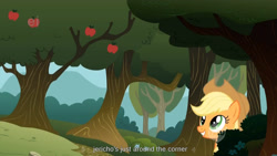 Size: 1344x756 | Tagged: safe, screencap, character:applejack, episode:the show stoppers, g4, my little pony: friendship is magic, ei, hub logo, solo, youtube caption