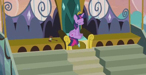 Size: 580x300 | Tagged: safe, screencap, character:twilight sparkle, character:twilight sparkle (alicorn), species:alicorn, species:pony, episode:trade ya, g4, my little pony: friendship is magic, animated, cropped, crown, female, gavel, hammer, judge twilight, mare, sitting, solo, talking, throne