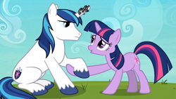 Size: 1365x768 | Tagged: safe, screencap, character:shining armor, character:twilight sparkle, episode:the crystal empire, g4, my little pony: friendship is magic, grass, holding hooves, horn, horn crystals, magic suppression