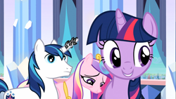 Size: 1366x768 | Tagged: safe, screencap, character:princess cadance, character:shining armor, character:twilight sparkle, episode:the crystal empire, g4, my little pony: friendship is magic, crystal empire, frown, glowing horn, grin, horn, horn crystals, magic, magic suppression, sad, smiling, tired, vacant expression, wat, wide eyes