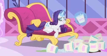 Size: 421x222 | Tagged: safe, screencap, character:rarity, species:pony, species:unicorn, episode:inspiration manifestation, g4, my little pony: friendship is magic, animated, comfort eating, crying, fainting couch, female, ice cream, magic, magic aura, mare, marshmelodrama, reversed, running makeup, solo, telekinesis