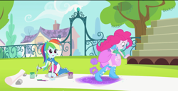 Size: 1364x703 | Tagged: safe, screencap, character:pinkie pie, character:rainbow dash, episode:pinkie on the one, equestria girls:rainbow rocks, g4, my little pony:equestria girls, boots, bracelet, clothing, glitter, high heel boots, jewelry, skirt