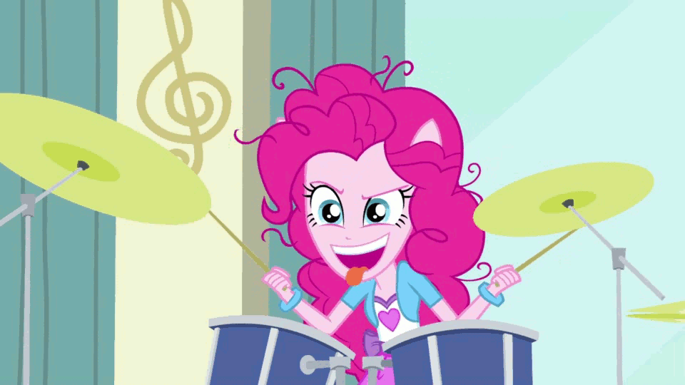 Size: 960x540 | Tagged: safe, screencap, character:pinkie pie, episode:pinkie on the one, equestria girls:rainbow rocks, g4, my little pony:equestria girls, animated, cymbals, drum kit, drums, female, hi-hat, messy hair, musical instrument, open mouth, panting, ponied up, raised eyebrow, smiling, solo, tongue out