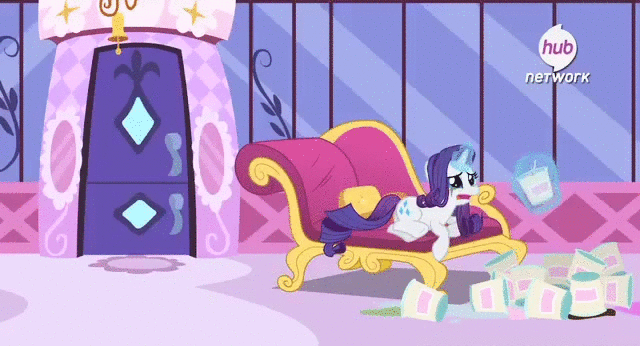 Size: 640x346 | Tagged: safe, screencap, character:rarity, character:spike, species:pony, species:unicorn, episode:inspiration manifestation, g4, my little pony: friendship is magic, animated, comfort eating, crying, door, eating, fainting couch, female, hub logo, hubble, ice cream, magic, magic aura, mare, marshmelodrama, running makeup, telekinesis, the hub