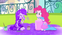 Size: 1440x810 | Tagged: safe, screencap, character:pinkie pie, character:rainbow dash, episode:pinkie on the one, equestria girls:rainbow rocks, g4, my little pony:equestria girls, balloon, banner, boots, bracelet, clothing, coughing, covered, cute, glitter, high heel boots, purple dash, skirt, smiling, socks, you seem upset