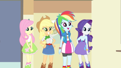 Size: 1440x810 | Tagged: safe, screencap, character:applejack, character:fluttershy, character:rainbow dash, character:rarity, episode:pinkie on the one, equestria girls:rainbow rocks, g4, my little pony:equestria girls
