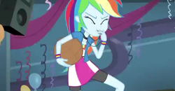 Size: 640x332 | Tagged: safe, screencap, character:rainbow dash, episode:shake your tail, equestria girls:rainbow rocks, g4, my little pony:equestria girls, balloon, basketball, blowing, eyes closed, get, gym, index get, puffy cheeks, rainblow dash, solo, sports, whistle
