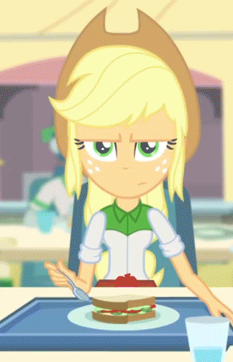 Size: 332x516 | Tagged: safe, screencap, character:applejack, character:pinkie pie, episode:pinkie on the one, equestria girls:equestria girls, equestria girls:rainbow rocks, g4, my little pony:equestria girls, animated, applejack is not amused, food, offscreen character, palindrome get, sandwich, spoon, unamused