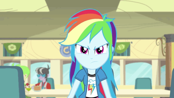 Size: 576x324 | Tagged: safe, screencap, character:rainbow dash, episode:pinkie on the one, equestria girls:rainbow rocks, g4, my little pony:equestria girls, animated, cute, dashabetes, glare, grin, rapeface, smiling, solo, surprised