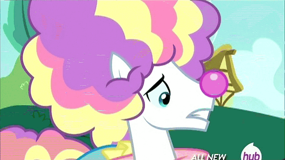 Size: 576x324 | Tagged: safe, screencap, character:banana peel, character:horte cuisine, character:mint flower, species:pony, episode:inspiration manifestation, g4, my little pony: friendship is magic, 5-year-old, animated, clothing, clown, filly, hat, hub logo, hubble, party hat, the hub, transformation, waiter