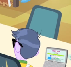 Size: 337x316 | Tagged: safe, screencap, character:applejack, character:microchips, character:pinkie pie, episode:pinkie on the one, equestria girls:rainbow rocks, g4, my little pony:equestria girls, 4chan, background human, cafeteria, chair, computer, glasses, it begins, it's happening, laptop computer, reference, sitting, solo, table, they know