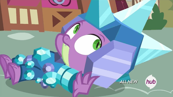Size: 576x324 | Tagged: safe, screencap, character:owlowiscious, character:spike, episode:inspiration manifestation, g4, my little pony: friendship is magic, animated, armor, crystal armor, hub logo, hubble, the hub