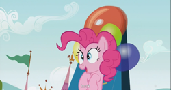 Size: 1441x762 | Tagged: safe, screencap, character:pinkie pie, species:earth pony, species:pony, episode:inspiration manifestation, g4, my little pony: friendship is magic, balloon, female, high striker, mare, meme, solo, youtube caption