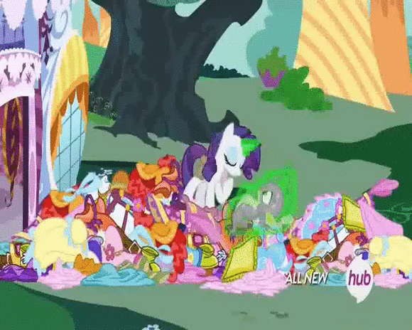 Size: 580x464 | Tagged: safe, screencap, character:rarity, character:spike, episode:inspiration manifestation, g4, my little pony: friendship is magic, animated, carrying, corrupted, door, green magic, hub logo, inspirarity, levitation, magic, pile, possessed, wrong aspect ratio