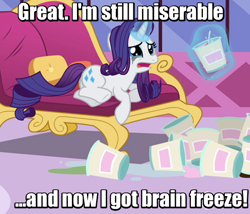 Size: 546x467 | Tagged: safe, screencap, character:rarity, episode:inspiration manifestation, g4, my little pony: friendship is magic, brain freeze, comfort eating, crying, fainting couch, ice cream, image macro, marshmelodrama, mascara, meme, running makeup, solo