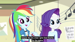 Size: 1280x716 | Tagged: safe, screencap, character:rainbow dash, character:rarity, episode:pinkie on the one, equestria girls:rainbow rocks, g4, my little pony:equestria girls, god, meme, music notes, religion, youtube caption