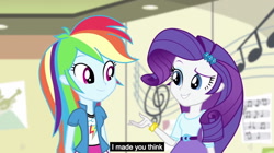 Size: 1280x717 | Tagged: safe, screencap, character:rainbow dash, character:rarity, episode:pinkie on the one, equestria girls:rainbow rocks, g4, my little pony:equestria girls, meme, music notes, youtube caption