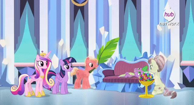 Size: 640x346 | Tagged: safe, screencap, character:fleur de verre, character:princess cadance, character:spike, character:twilight sparkle, character:twilight sparkle (alicorn), species:alicorn, species:crystal pony, species:pony, episode:equestria games, g4, my little pony: friendship is magic, animated, female, hub logo, hubble, like a boss, mare, the hub