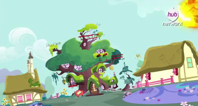 Size: 640x345 | Tagged: safe, screencap, episode:twilight's kingdom, g4, my little pony: friendship is magic, animated, explosion, fireball, golden oaks library, hub logo, library, magic blast, michael bay, praxis effect, shit just got real