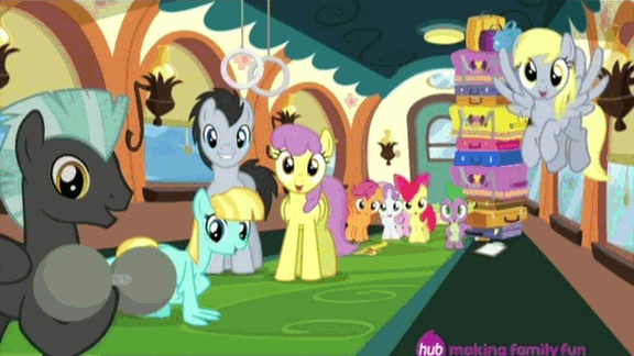 Size: 576x324 | Tagged: safe, screencap, character:apple bloom, character:derpy hooves, character:helia, character:lucky clover, character:parasol, character:scootaloo, character:spike, character:sweetie belle, character:thunderlane, species:pegasus, species:pony, episode:equestria games, g4, my little pony: friendship is magic, animated, background pony, barbell, cutie mark crusaders, female, hub logo, hubble, luggage, mare, the hub