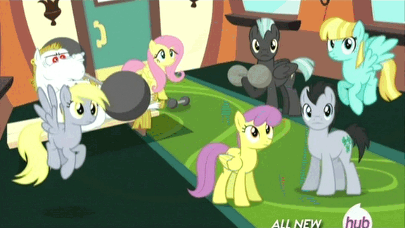 Size: 576x324 | Tagged: safe, screencap, character:bulk biceps, character:derpy hooves, character:fluttershy, character:helia, character:lucky clover, character:parasol, character:thunderlane, species:pegasus, species:pony, episode:equestria games, g4, my little pony: friendship is magic, animated, background pony, barbell, female, hub logo, hubble, mare, the hub, weight, weight lifting, wing-ups