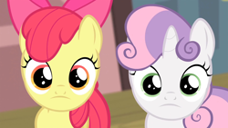 Size: 1920x1080 | Tagged: safe, screencap, character:apple bloom, character:sweetie belle, episode:flight to the finish, g4, my little pony: friendship is magic, face, faec, frown
