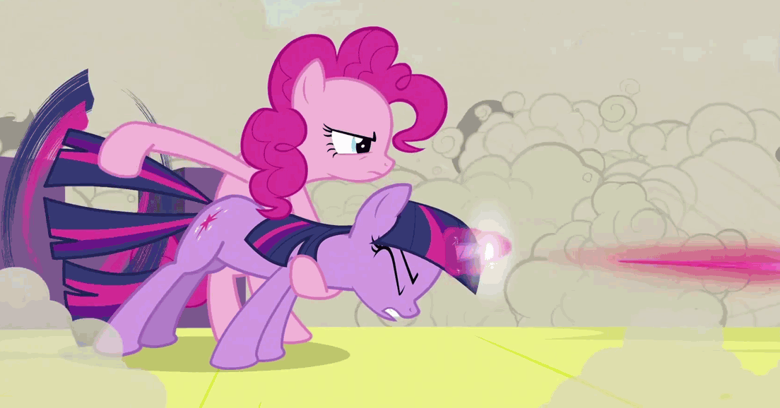 Size: 1104x578 | Tagged: safe, screencap, character:pinkie pie, character:twilight sparkle, species:earth pony, species:pony, species:unicorn, episode:a canterlot wedding, g4, my little pony: friendship is magic, animated, beam, behaving like a weapon, bipedal, female, fight, gif, glowing horn, laser, magic, magic blast, mare, twigun