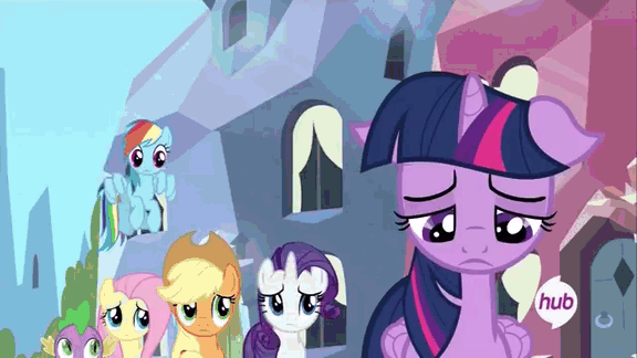 Size: 576x324 | Tagged: safe, screencap, character:applejack, character:fluttershy, character:pinkie pie, character:rainbow dash, character:rarity, character:spike, character:twilight sparkle, character:twilight sparkle (alicorn), species:alicorn, species:pony, episode:twilight's kingdom, g4, my little pony: friendship is magic, animated, cartoon physics, female, hub logo, hubble, mane seven, mane six, mare, ouch, stretch, stretching, the hub, why the long face