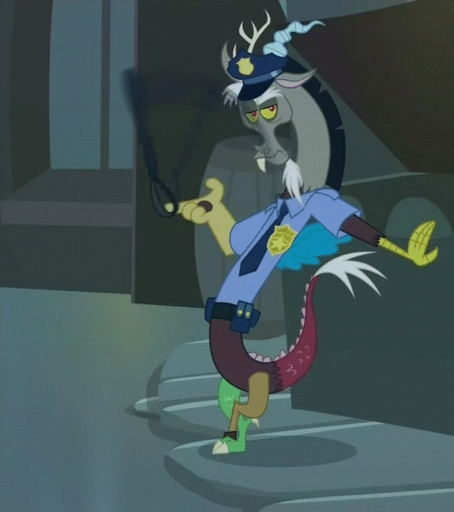 Size: 499x562 | Tagged: safe, screencap, character:discord, episode:twilight's kingdom, g4, my little pony: friendship is magic, animated, baton, clothing, costume, discop, good trick, police, solo, spinning, stupid sexy discord