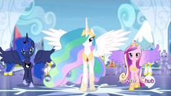 Size: 1280x720 | Tagged: safe, screencap, character:princess cadance, character:princess celestia, character:princess luna, character:twilight sparkle, character:twilight sparkle (alicorn), species:alicorn, species:pegasus, species:pony, episode:twilight's kingdom, g4, my little pony: friendship is magic, alicorn triarchy, armor, beautiful, chestplate, colored wings, crown, crystal empire, crystal guard, ethereal mane, female, flowing mane, flowing tail, hoof shoes, hub logo, jewelry, lidded eyes, looking at you, male, mare, multicolored hair, multicolored wings, peytral, regalia, royal guard, smiling, spread wings, stallion, tiara, trio focus, walking, wings